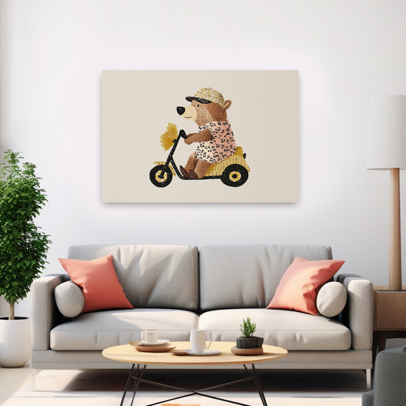Playful Bear On Scooter Contemporary Wall Art Print by Mathieu - Wrapped Canvas Print, 101.6cm H x 152.4cm W