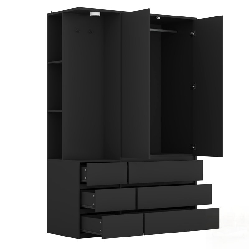 Armoire de chambre à coucher moderne en bois avec 2 portes, 6 tiroirs et tablettes de rangement, idéale pour le rangement de vêtements organisé et l'efficacité de l'espace.