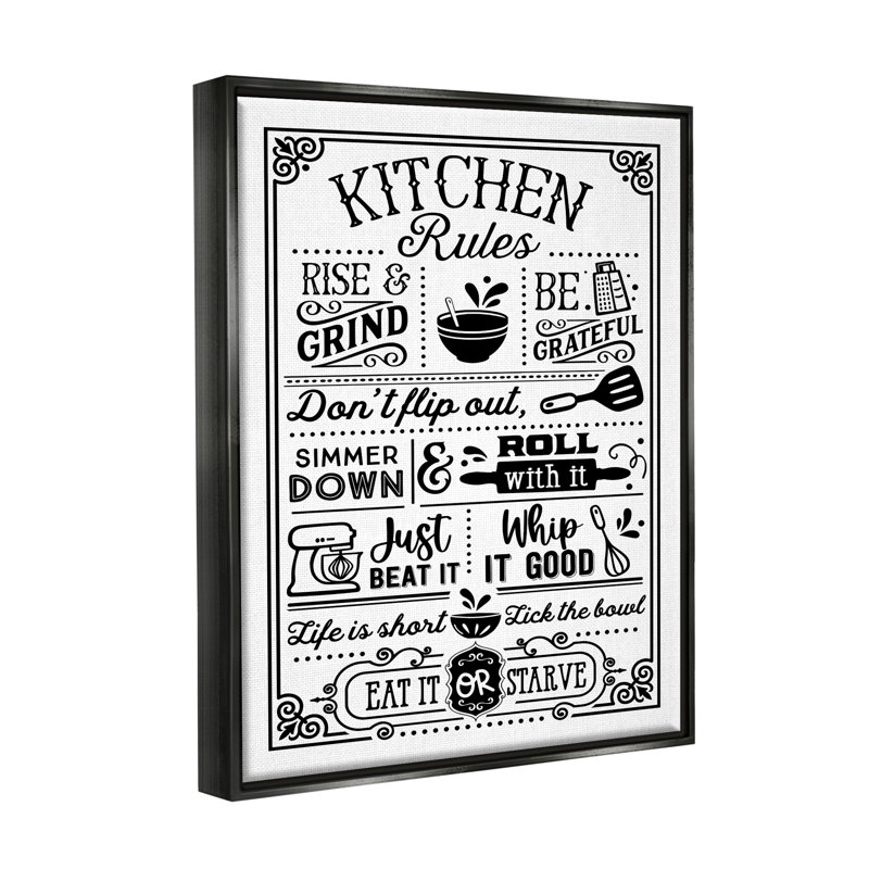 " Witty Kitchen Rules " by Lettered And Lined, 21" H x 17" W x 1.7" D, Jet Black Floater Frame