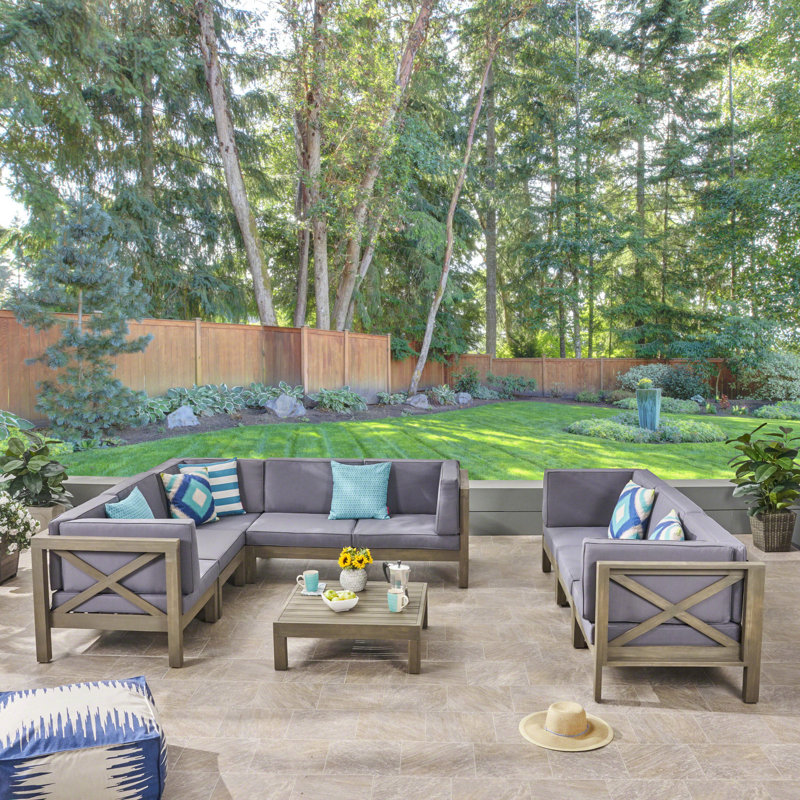 Carlton Acacia 8 - Person Patio Conversation Set with Cushions, Gray Frame / Dark Gray Cushion