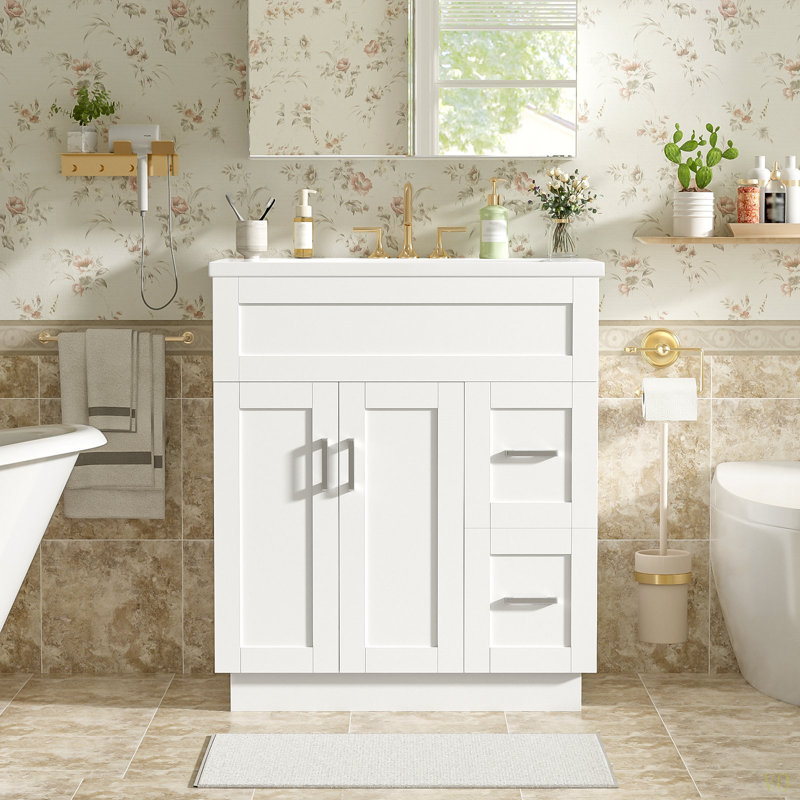 Meuble-lavabo de 30 pouces avec 2 portes, 2 tiroirs, tablette réglable, glissières cachées pour les tiroirs et charnières pour portes