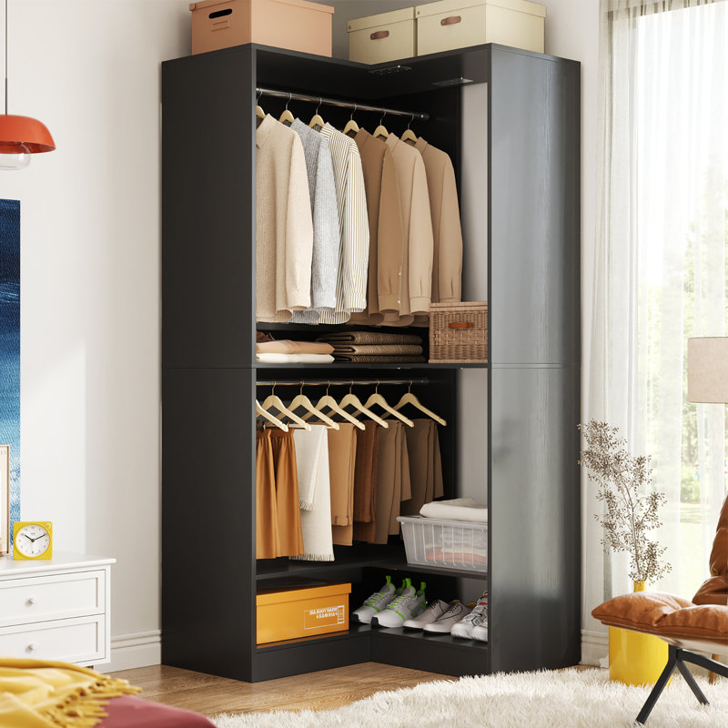 Corner Wardrobe Organizer With Upper & Lower Hanging Areas And Shoe Shelf, Black