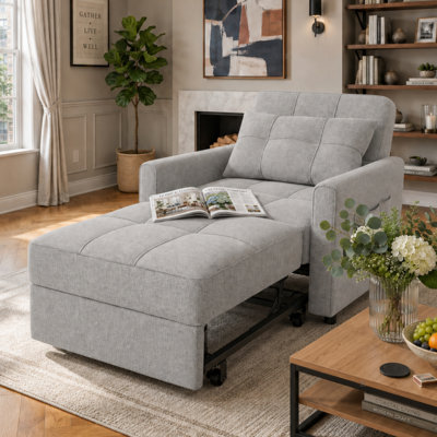3-in-1 Convertible Pull Out Sleeper Chair, Adjustable Backrest 100°-180° Upholstered Single Sofa Bed with Side Pocket & Casters,Linen Accent Chair for Living Room Guest Room