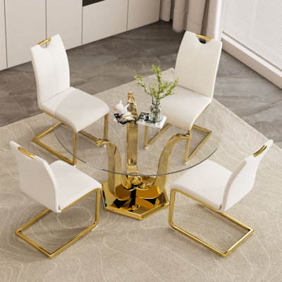 Ensemble de table de salle à manger 47,2 "en verre pour 4, 5 pièces table de cuisine en verre transparent avec base en acier inoxydable doré et 4 chaises en cuir PU