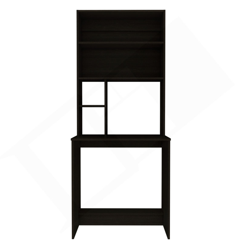 Bureau d'ordinateur avec huche, tablette inférieure, quatre tablettes, noir