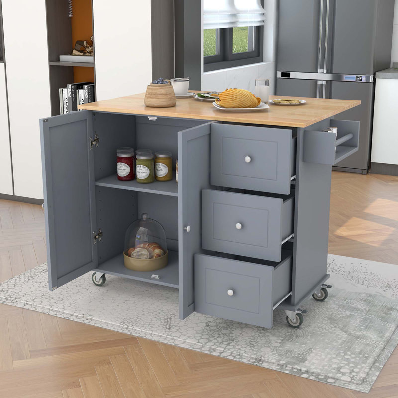 Rolling Mobile Kitchen Island With Solid Wood Top And Locking Wheels,Drop Leaf Breakfast Bar,Spice Rack, Towel Rack & Drawer