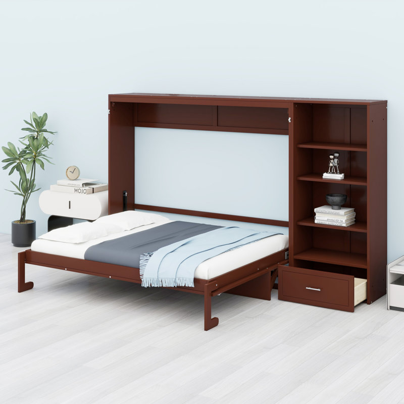 Lit escamotable avec compartiments de rangement et tablette réglables en hauteur, cadre de lit mural avec 1 tiroir, lit plateforme pliable multifonctionnel