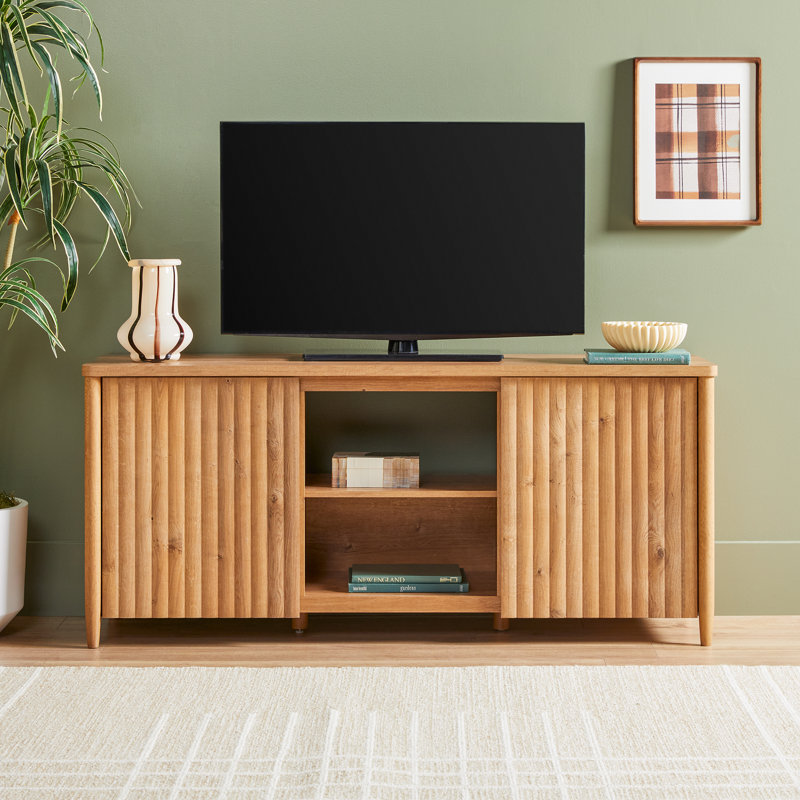 Scandinavian Reeded TV Stand with Open Storage, 58.5", English Oak