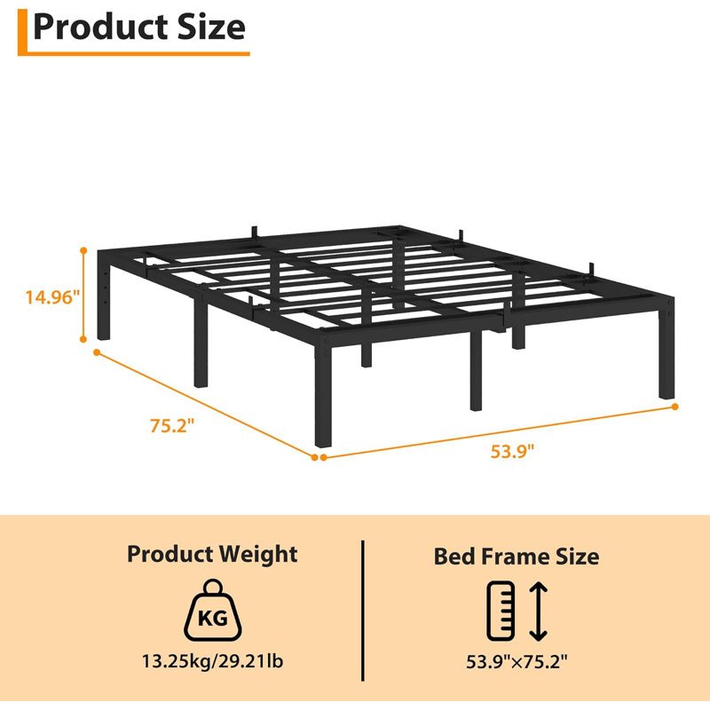 Cadre de lit simple / double / grand 14 pouces, cadre de lit plateforme robuste en métal double, rangement sous le lit, aucun sommier nécessaire