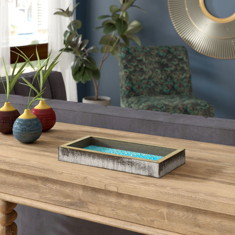 Solid Wood Tray, Aqua/Brown