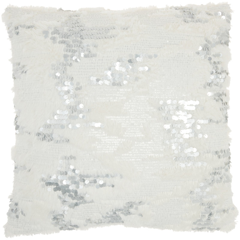 White Faux Fur and Sequins 20" x 20" Throw Pillow
