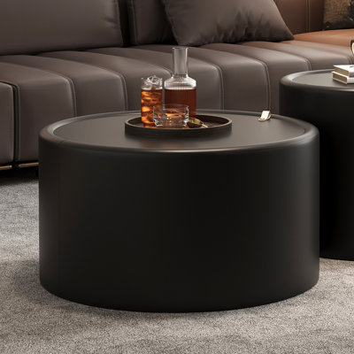 Table basse ronde noire avec plateau en verre trempé, corps en cuir PU et rangement caché pour le salon, table d'appoint moderne