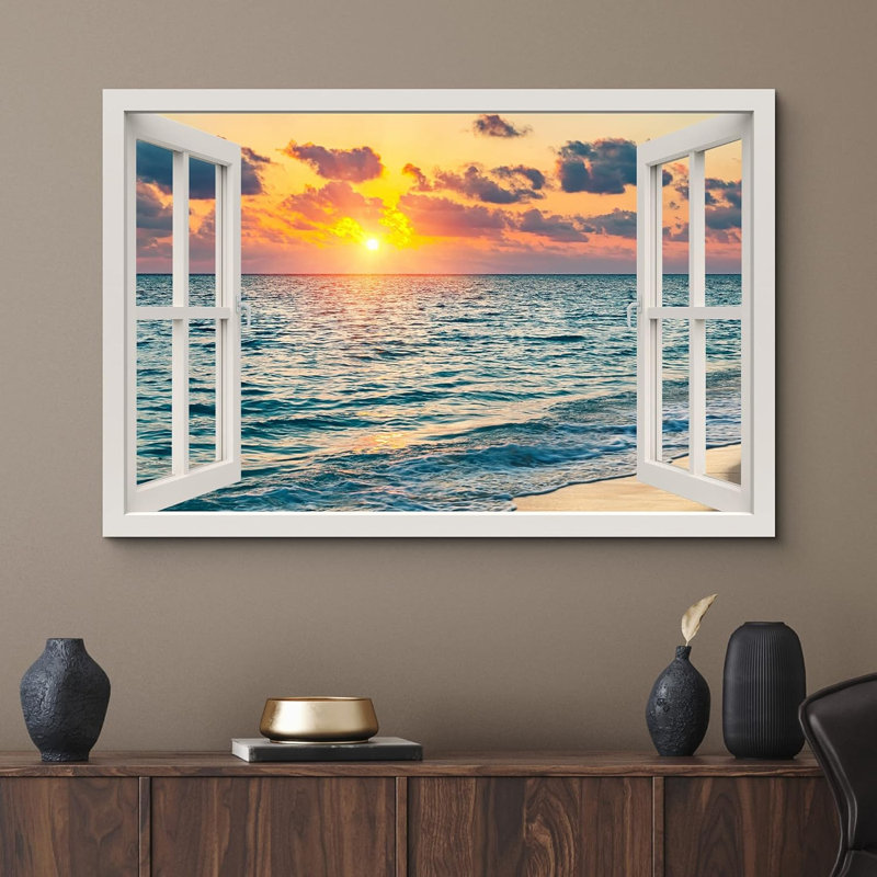 Fenêtre de paysage «Vue de la fenêtre Neon Sunset Sky Tropical Island Ocean Nature Scenic Landscape» sur, H 32 po x l 48 po