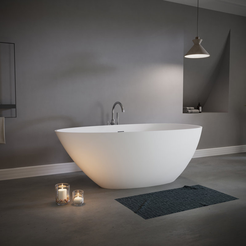 59" Freestanding Solid Surface Bathtub, Luxury Stone Resin Freestanding Soaking Bathtub With Overflow And Pop-Up Drain For Contemporary Bathroom, Matte White