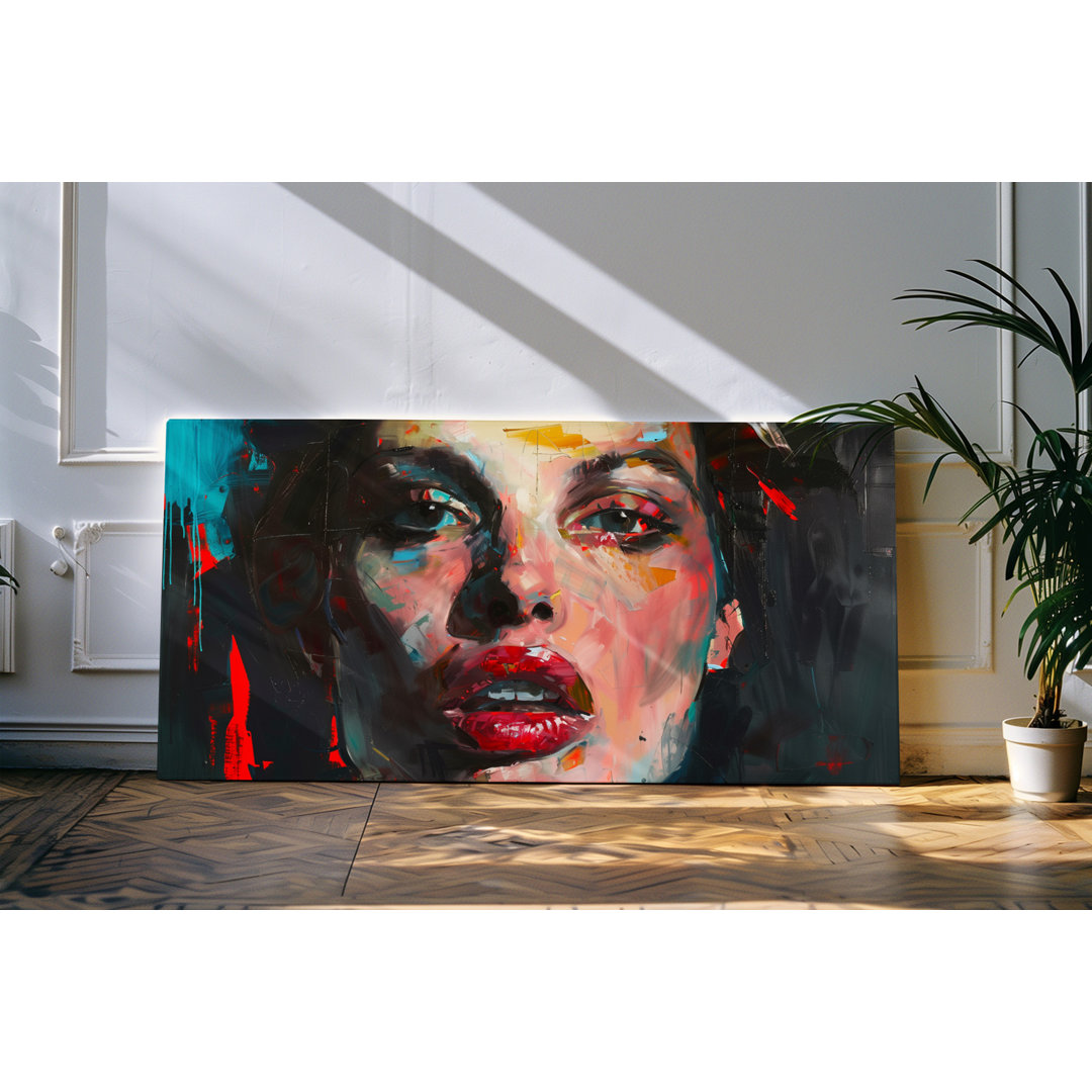 Wandbild 120x60cm Porträt einer jungen Frau roter Lippenstift dunkle Farben Kunstwerk