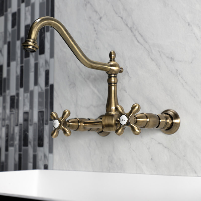 Kingston Brass Heritage Double-Handle 2-Hole Wall-Mount Bridge Kitchen Faucet, Vintage Brass