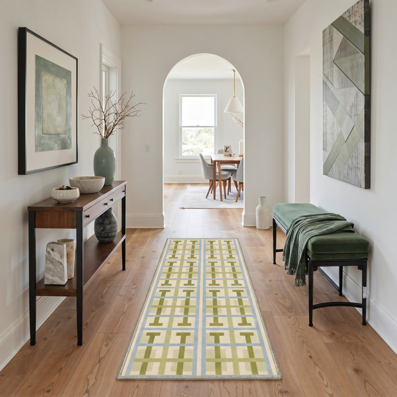 Tapis rond vert / bleu / beige lavable à la machine avec envers antidérapant, Rond 5 pi