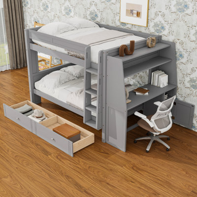 Lit superposé double sur double avec bureau et lattes