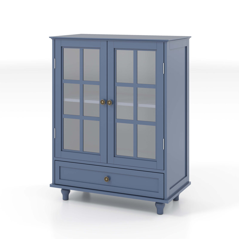 Minimalist Blue Buffet Cabinet With Double Glass Doors And Drawer, Blue