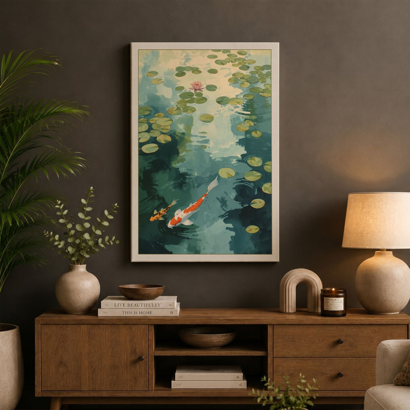 Koi in Still Water Japandi - Wrapped Canvas, 24x16 - 61.0 x 40.6 cm, Ochre Border