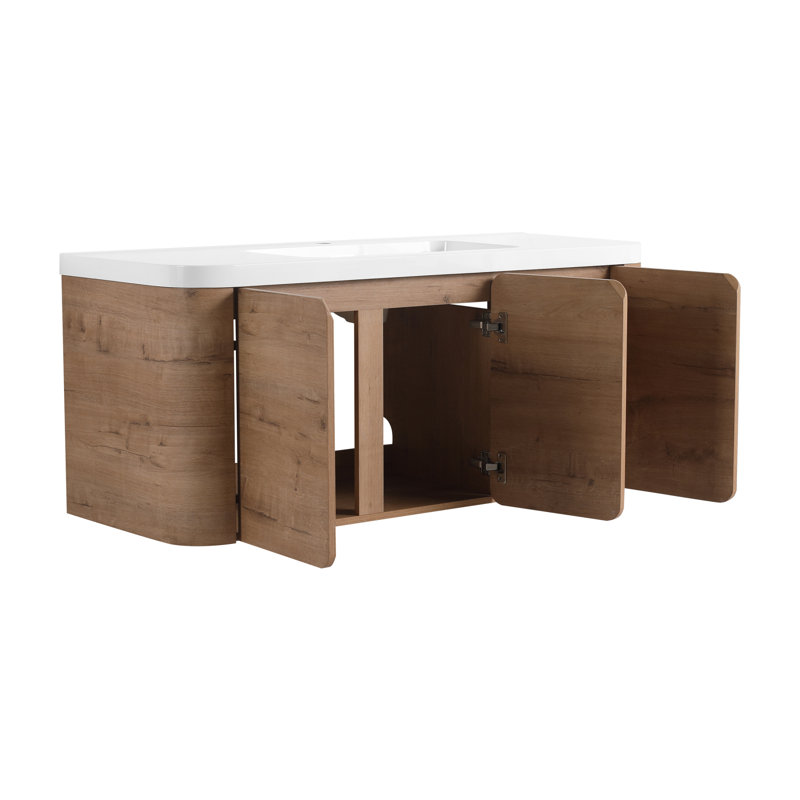 Meuble-lavabo mural peu encombrant avec lavabo en résine, finition chêne moderne