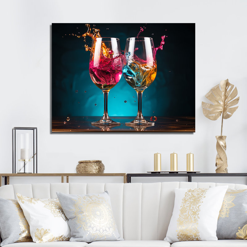 «Whimsical Cheers - Wine», art mural champagne, H 12 po x l 20 po x P 1 po, Toile tendue