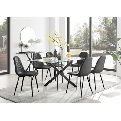 Lenworth Black Metal and Glass Rectangular Dining Table Set with 6 Luxury Faux Leather Chairs