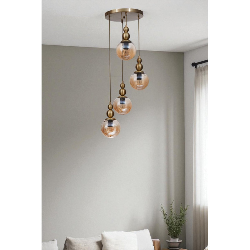 Lustre réglable élégant, finition miel et or, 11,8 po x 11,8 po x 31,5 po | Corps en métal durable, capuchon en verre | 4 x douilles E27 (40 W maximum) | pour la salle à manger et les espaces de vie, solution d'éclairage élégante