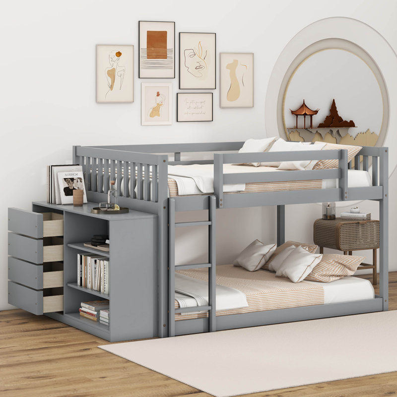 Lit superposé double au-dessus de double avec tiroirs et tablettes, Gris