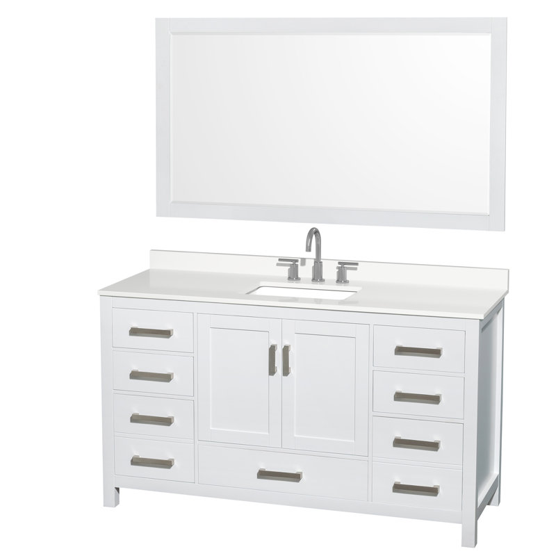 Sheffield 60" Freestanding Single Bathroom Vanity with Quartz Top with 58" Mirror, Chrome, White, White Quartz