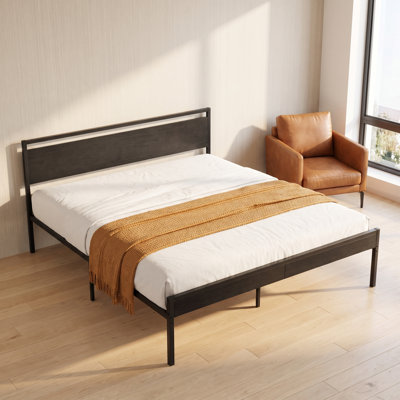 King Black Metal Platform Bed Frame with Solid Wood Headboard and Footboard, Underbed Storage
