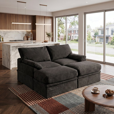 Causeuse modulaire surdimensionnée en velours côtelé de style Boneless de 70,8 po avec accoudoirs à oreilles, canapé-lit modulaire 4 pièces avec 2 repose-pieds, rangement sous le siège et 2 coussins pour le salon, assemblage facile