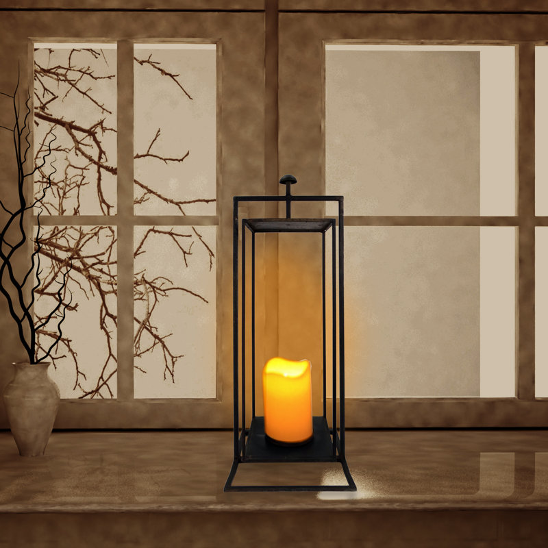 25" Tall Black Steel Rectangular Candle Lantern for Outdoor Use