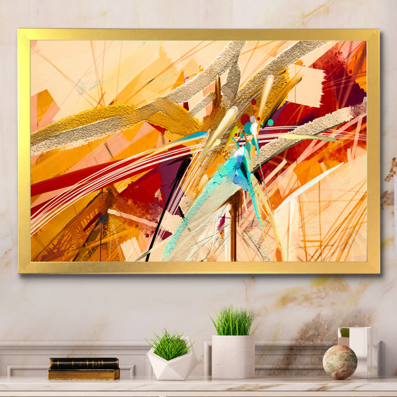 Brush Sunset Waves Impression II - Painting on Canvas, Gold Picture Framed, 12'' H x 20'' W x 1'' D