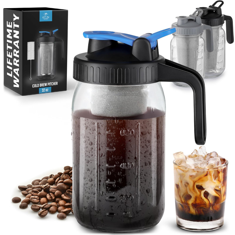 Zulay 32oz Cold Brew Maker - Mason Jar Glass, Leak-Proof Lid, Fine-Mesh Stainless Steel Filter, Blue/Black, 4 Cups