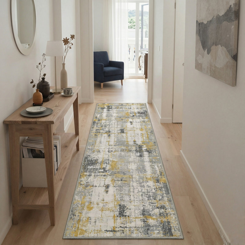 Modern Brush Strokes Machine Washable Gilded Slate Indoor Area Rug With Non-Slip Backing, Round 5'