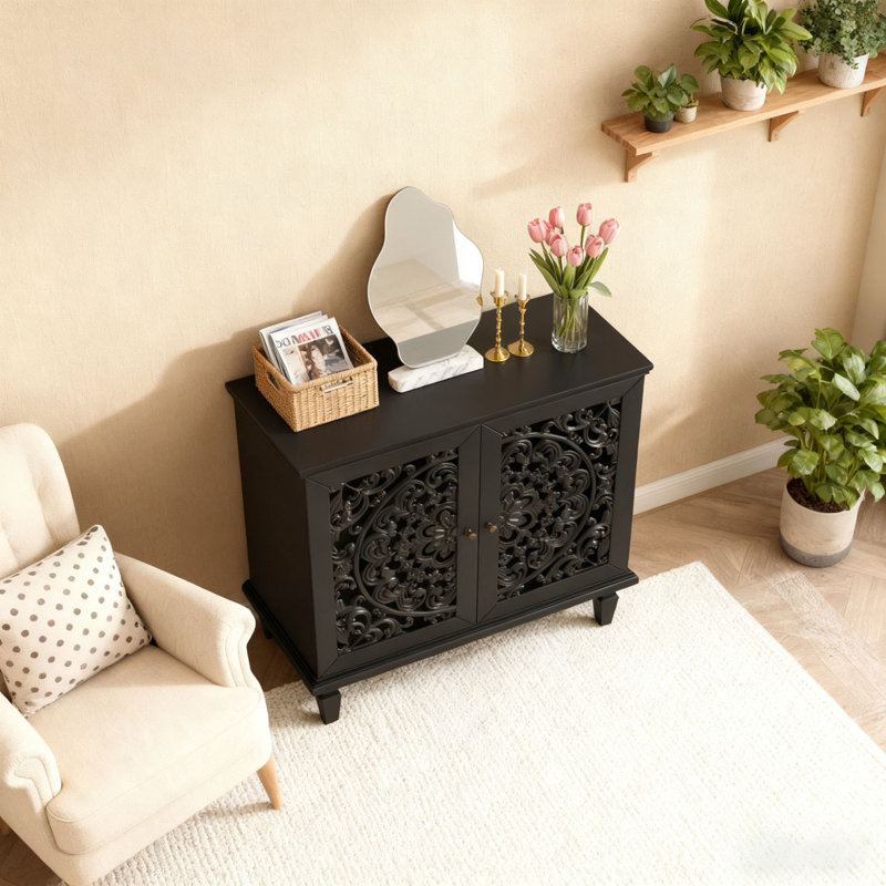 Accent Cabinet, 2-Door Display Storage,Adjustable Shelf and Solid Wood Legs, Black