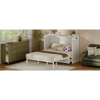 Armoire murale multifonctionnelle avec station de charge USB, lit escamotable vertical simple avec tiroirs, lit escamotable mural peu encombrant avec verrou de sécurité et dispositif anti-basculement, blanc.