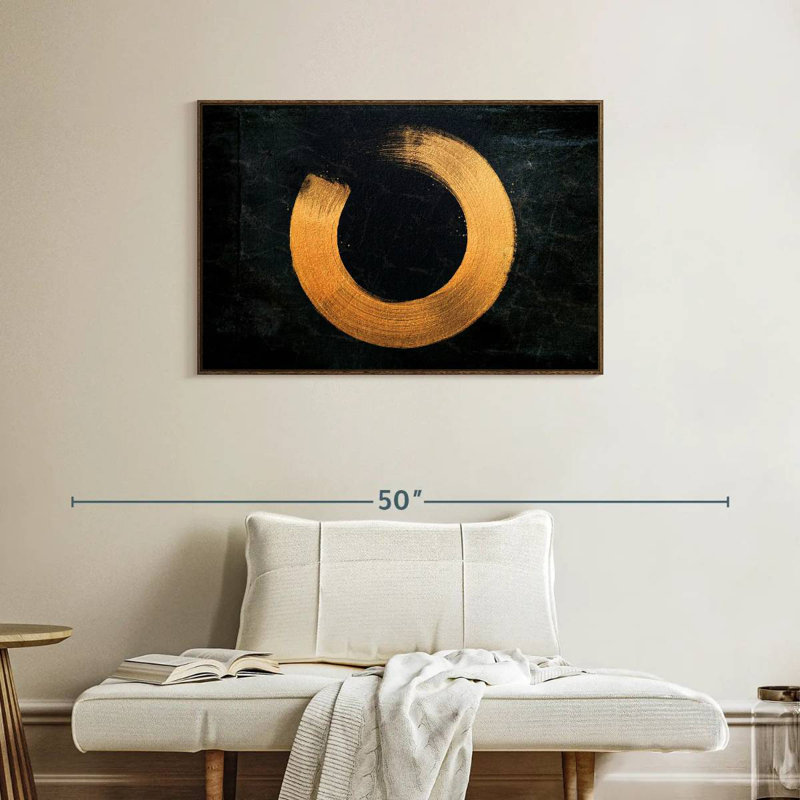 Cercle zen doré, 37 po x 25 po, Cadre flottant en noyer
