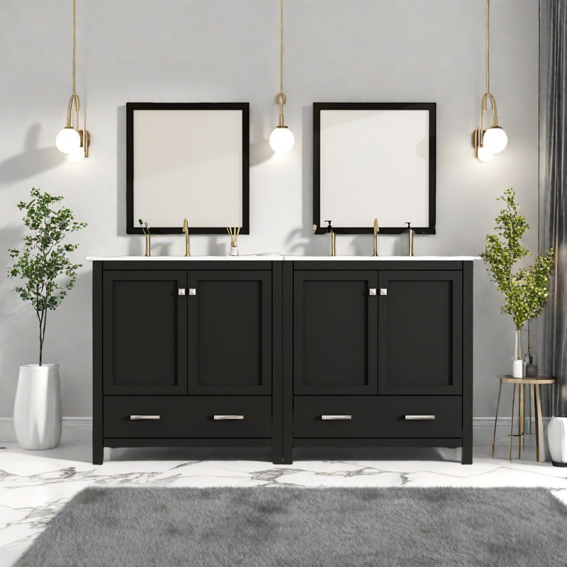 Meuble-lavabo double avec lavabo en céramique blanche, portes à fermeture douce, rangement spacieux, structure en bois massif, armoire de salle de bain moderne avec tiroirs et tablettes - unités 2 x 30 po