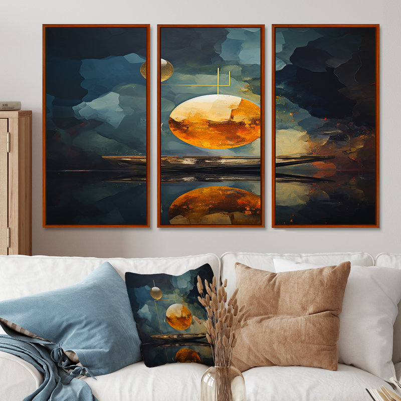 Golden Moon Mystic Night - ensemble d'art mural géométrique, Cadre flottant brun, H 32 po x l 48 po x P 1 po
