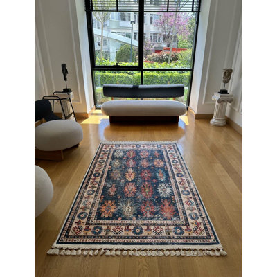 Coton à imprimé numérique oriental bleu marine Toscana Tapis chenille antidérapant