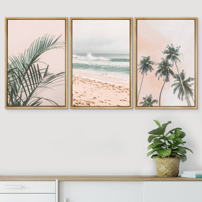 Beach And Plants " Tropical Palm Leaf Beach Ocean Shore Seascape Coastal Nautical Photography Modern Art Decor " 3 Piece Art Print