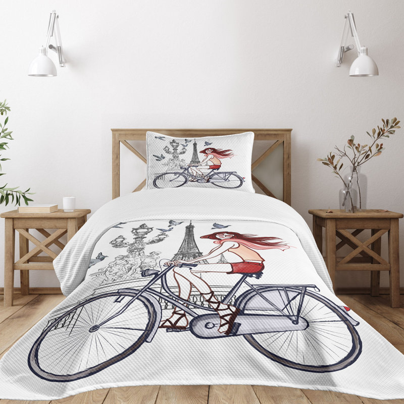 Parisian Girl Gray and Red Twin Bedspread Set
