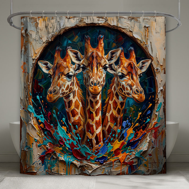 Trois girafes peignant des rideaux de douche très longs, 70in W x 93in H