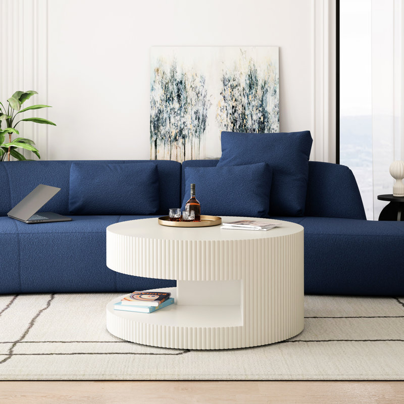 Table basse ronde de 31,5 po, table de salon et de chambre à coucher blanche moderne, avec rangement, rayures verticales et blanc fiable, aucun assemblage requis. Rangement central pour la chambre à coucher. Stripe Enigma. 110 lb