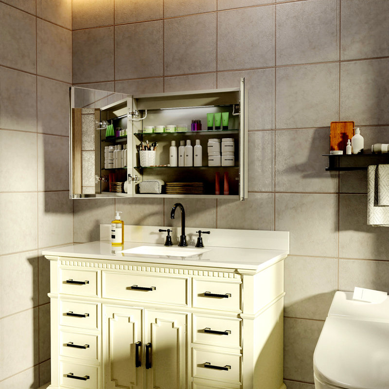 Pharmacie de salle de bain éclairée à DEL avec miroir, 30 po x 26 po, armoire à pharmacie encastrée ou à surface, désembuage, gradation continue, changement de température de couleur, 2 prises, tablettes de rangement