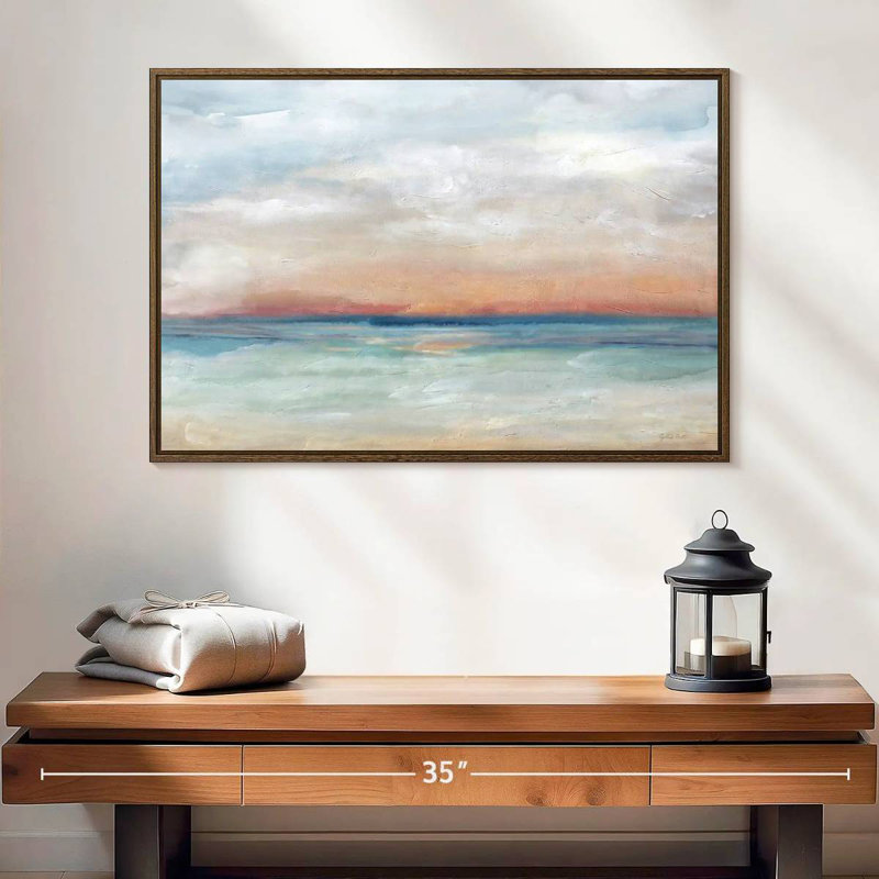 Scène sereine, paysage lumineux, 25 po x 17 po, Cadre flottant en noyer