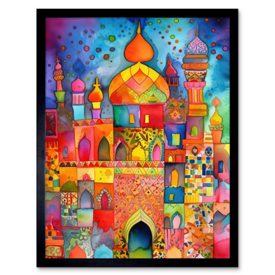 Eid Dates Mosque Temple Folk Art Watercolour Painting Art Print Framed Poster Wall Decor 12x16 inch