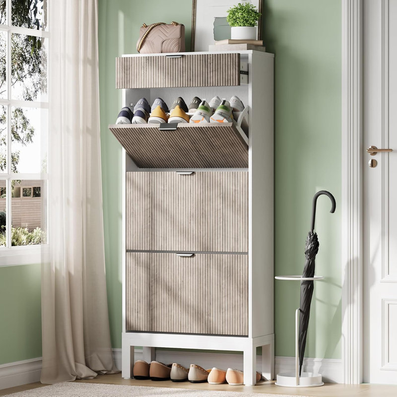 Range-chaussures avec 3 portes rabattables et 1 tiroir, range-chaussures cannelé moderne pour le vestibule, le couloir, Beige